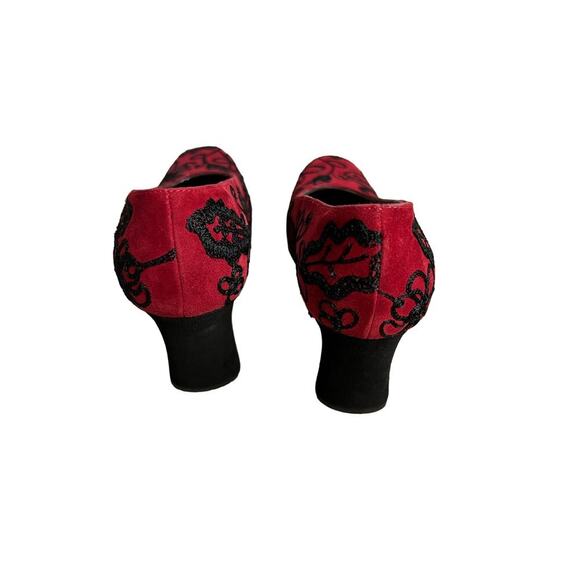 YSL Yves Saint Laurent Red Embroidery Black Suede Pump Heels Size 6 - Picture 3 of 10